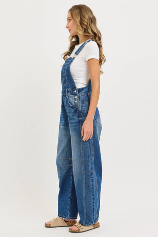 White Denim Overall Barrel-Leg Jumpsuit