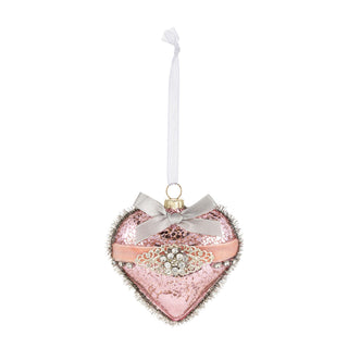 Pink Heart Ribbon and Tinsel Glass Ornament