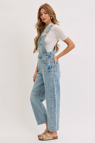 White Denim Overall Barrel-Leg Jumpsuit