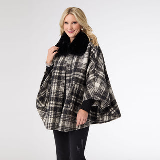 Dover Wrap With Faux Fur Collar - Black Plaid