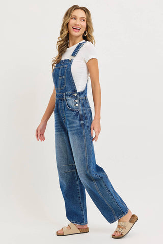 White Denim Overall Barrel-Leg Jumpsuit