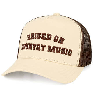 RAISED ON COUNTRY MUSIC Letter on Two Tone Trucker Hat