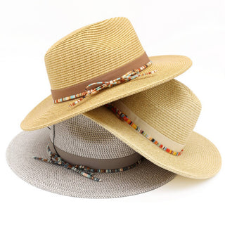 Woven Multicolor Trim Summer Straw Fedora Sun Hat