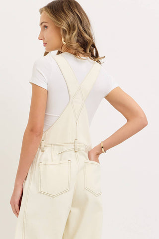 White Denim Overall Barrel-Leg Jumpsuit