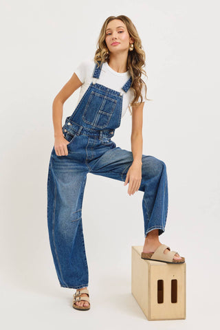 White Denim Overall Barrel-Leg Jumpsuit