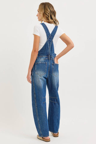 White Denim Overall Barrel-Leg Jumpsuit