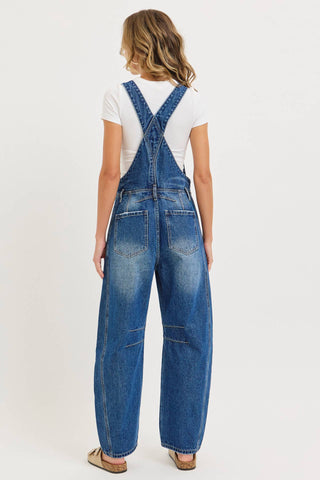 White Denim Overall Barrel-Leg Jumpsuit