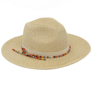 Woven Multicolor Trim Summer Straw Fedora Sun Hat