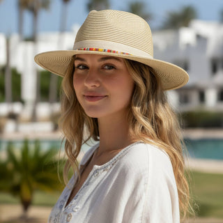 Woven Multicolor Trim Summer Straw Fedora Sun Hat