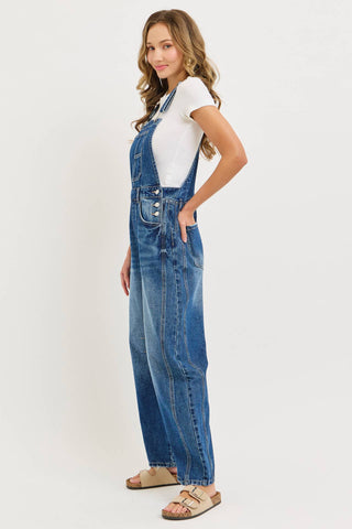 White Denim Overall Barrel-Leg Jumpsuit