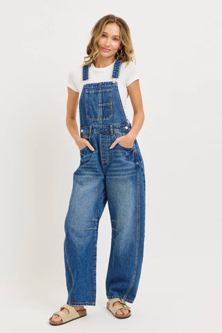 White Denim Overall Barrel-Leg Jumpsuit