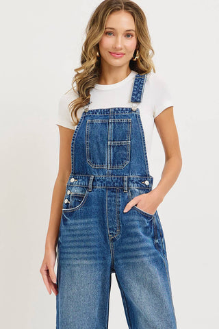 White Denim Overall Barrel-Leg Jumpsuit
