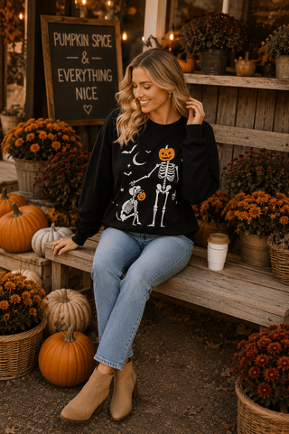 Halloween Pumpkin Skeleton Printed Graphic Crewneck