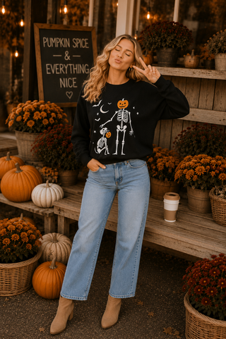 Halloween Pumpkin Skeleton Printed Graphic Crewneck