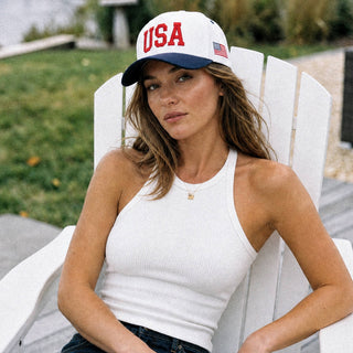 C.C White Crown Flag Letter on Two Tone Trucker Hat