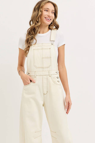 White Denim Overall Barrel-Leg Jumpsuit