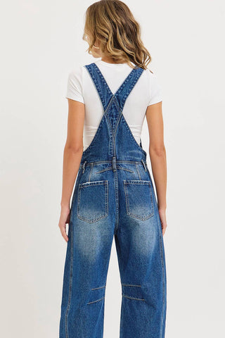 White Denim Overall Barrel-Leg Jumpsuit