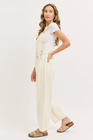White Denim Overall Barrel-Leg Jumpsuit