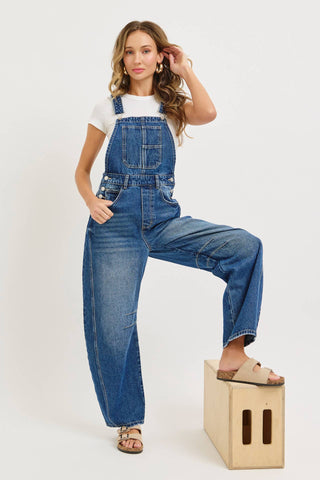 White Denim Overall Barrel-Leg Jumpsuit