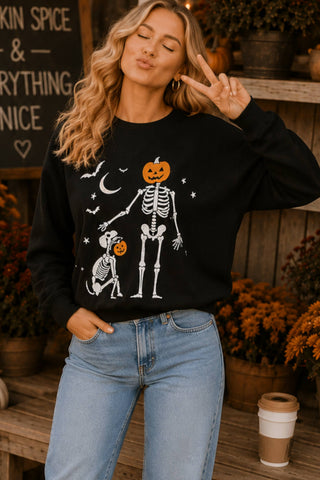Halloween Pumpkin Skeleton Printed Graphic Crewneck