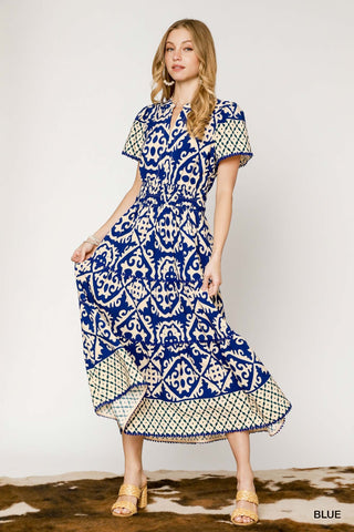 V-Neck Abstract Print Midi Dress