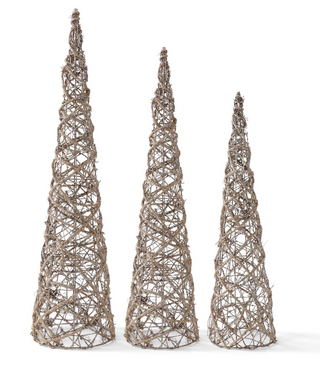 Set of 3 Glitter Rattan Cone Trees