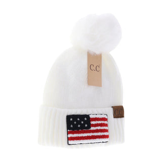 C.C. Beanie USA Chenille Patch Faux Fur Pom