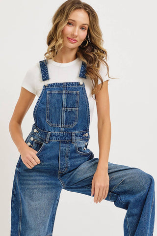 White Denim Overall Barrel-Leg Jumpsuit
