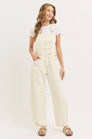 White Denim Overall Barrel-Leg Jumpsuit