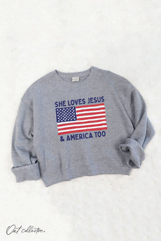 SHE LOVES JESUS AND AMERICA Mid Cropped Graphic Sweatshirt