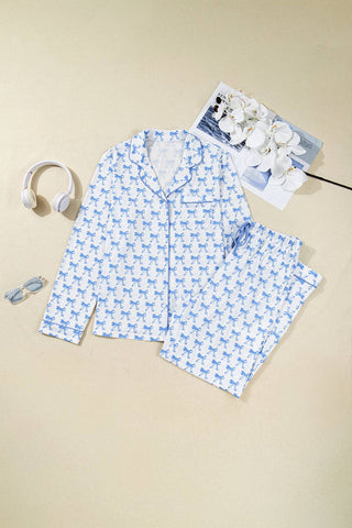 Sky Blue Bow Long Sleeve Shirt and Pants Pajama Set