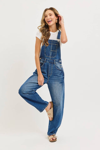 White Denim Overall Barrel-Leg Jumpsuit