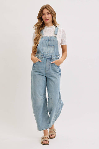 White Denim Overall Barrel-Leg Jumpsuit