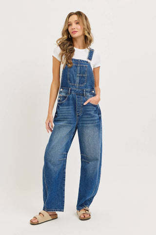 White Denim Overall Barrel-Leg Jumpsuit