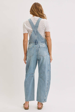White Denim Overall Barrel-Leg Jumpsuit