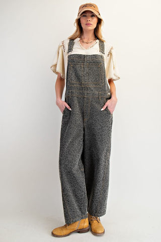 Washed Animal Print Twill Overalls