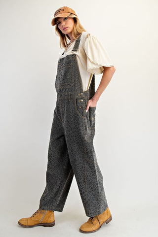 Washed Animal Print Twill Overalls