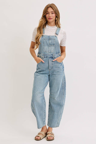 White Denim Overall Barrel-Leg Jumpsuit