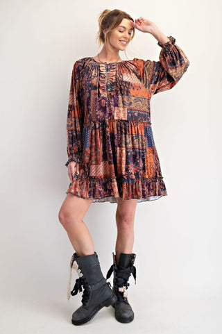 Patchwork Printed Velvet Dress
