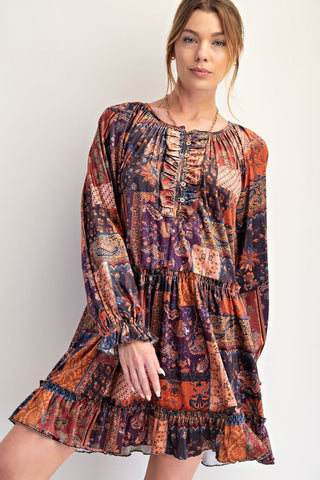 Patchwork Printed Velvet Dress