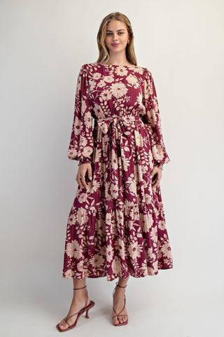Floral Printed Wine Dress