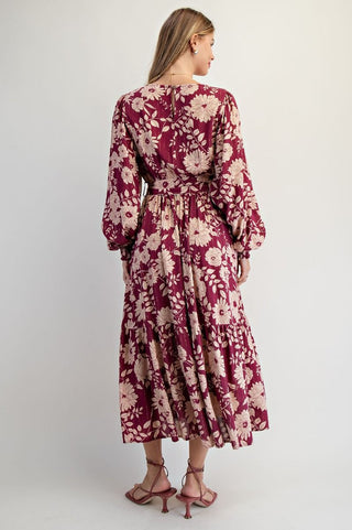 Floral Printed Wine Dress