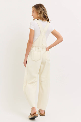 White Denim Overall Barrel-Leg Jumpsuit