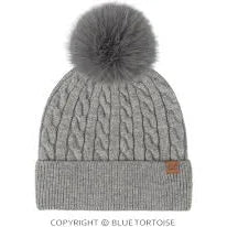 C.C. Beanie Cable Grey Knit Fur Pom Beanie