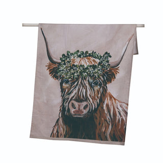 Fabric Highland Cow w/Sage Crown Tea Towel